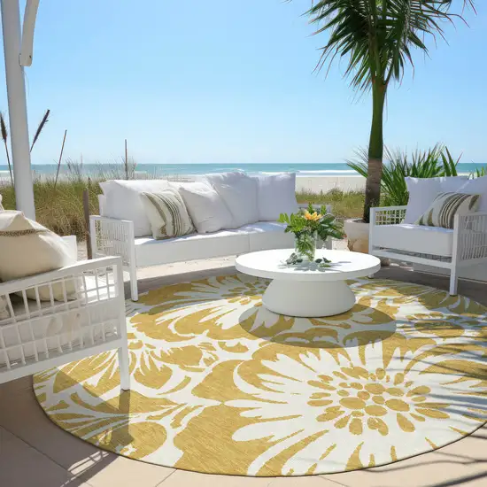 8' Round Gold and White Round Floral Washable Non Skid Indoor Outdoor Area Rug Photo 5