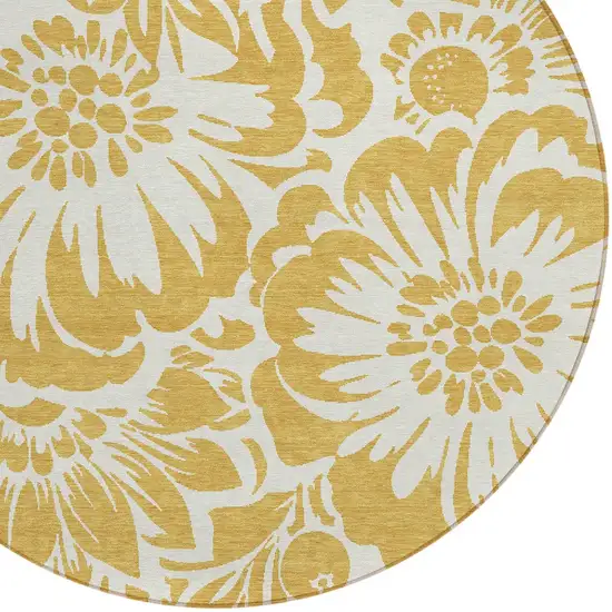 Gold and White Round Floral Washable Non Skid Indoor Outdoor Area Rug Photo 5