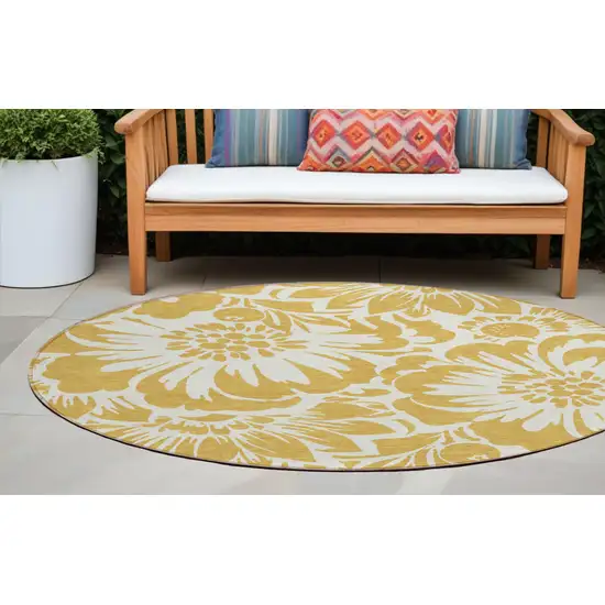 Gold and White Round Floral Washable Non Skid Indoor Outdoor Area Rug Photo 1