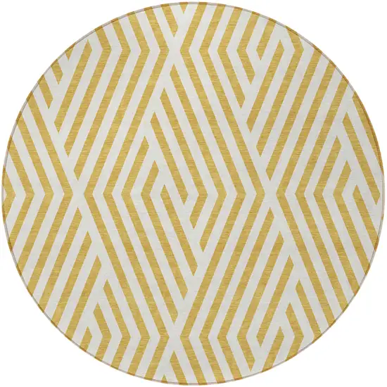 Gold and White Round Geometric Washable Non Skid Indoor Outdoor Area Rug Photo 5