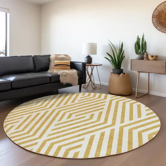 8' Round Gold and White Round Geometric Washable Non Skid Indoor Outdoor Area Rug Photo 9