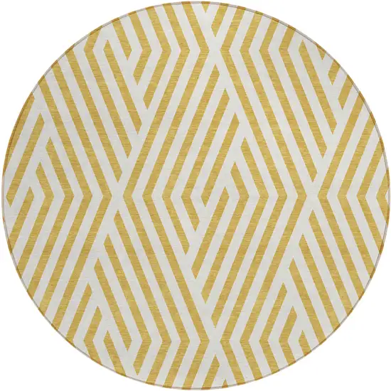 8' Round Gold and White Round Geometric Washable Non Skid Indoor Outdoor Area Rug Photo 2