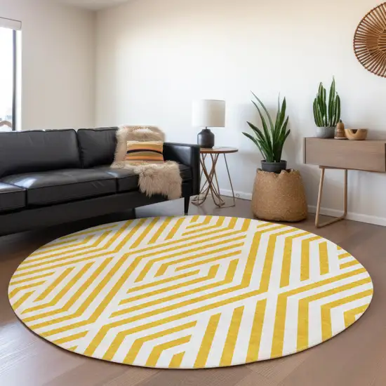 Gold and White Round Geometric Washable Non Skid Indoor Outdoor Area Rug Photo 9