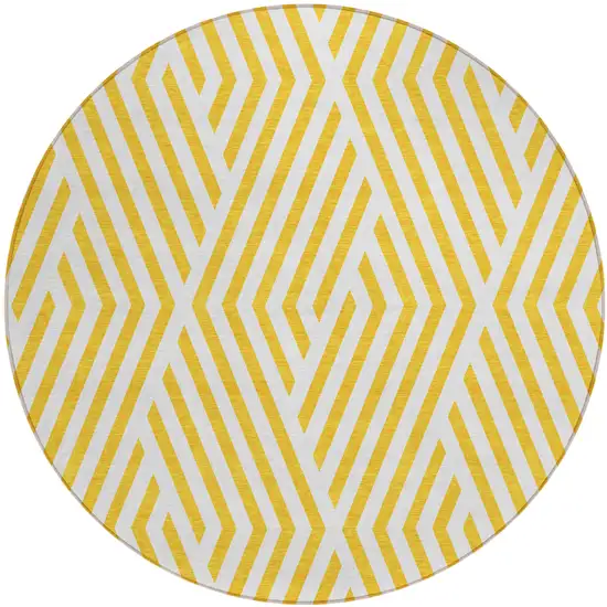 Gold and White Round Geometric Washable Non Skid Indoor Outdoor Area Rug Photo 2