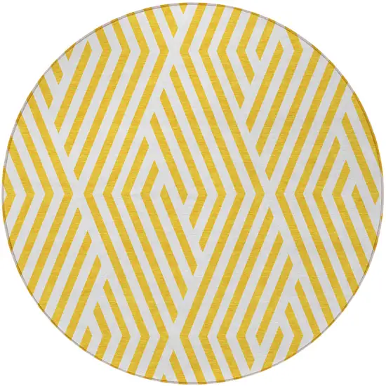 Gold and White Round Geometric Washable Non Skid Indoor Outdoor Area Rug Photo 5