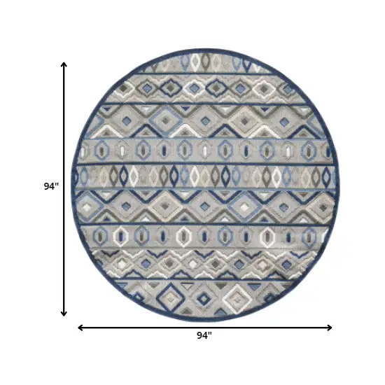 8' Round Gray Blue Aztec Pattern Indoor Outdoor Area Rug Photo 2