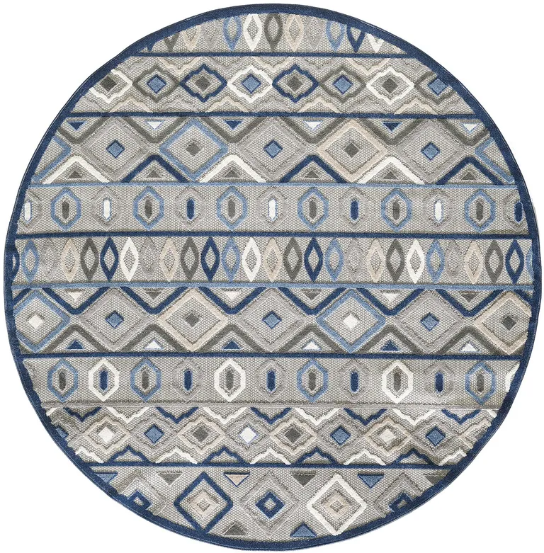 8' Round Gray Blue Aztec Pattern Indoor Outdoor Area Rug Photo 1