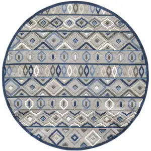 Photo of 8' Round Gray Blue Aztec Pattern Indoor Outdoor Area Rug