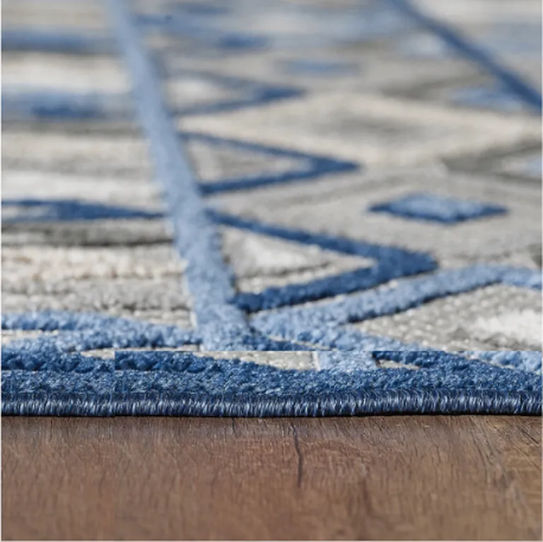 8' Round Gray Blue Aztec Pattern Indoor Outdoor Area Rug Photo 3