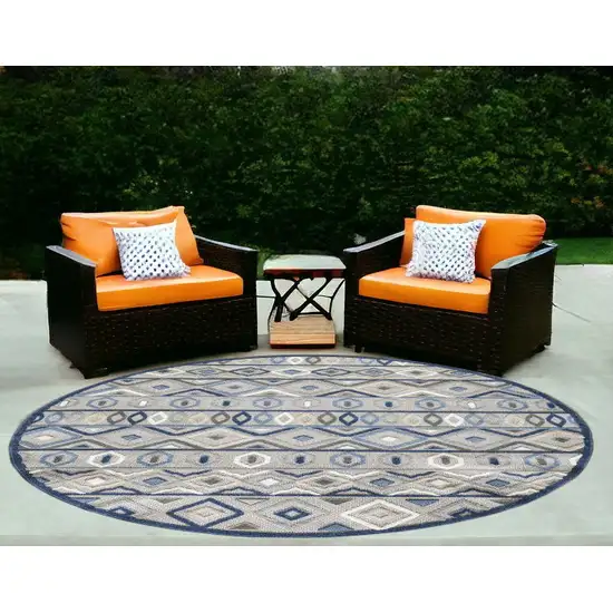 Blue And Gray Round Abstract Stain Resistant Indoor Outdoor Area Rug Photo 1