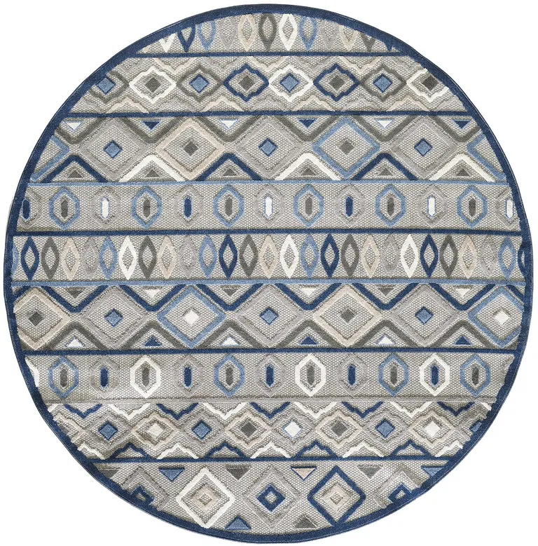 8' Round Gray Blue Aztec Pattern Indoor Outdoor Area Rug Photo 4