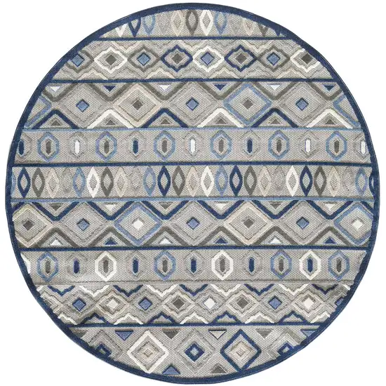 8' Round Gray Blue Aztec Pattern Indoor Outdoor Area Rug Photo 4