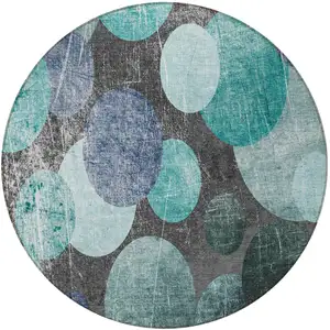 Photo of 8' Round Gray Blue and Purple Round Abstract Washable Non Skid Indoor Outdoor Area Rug