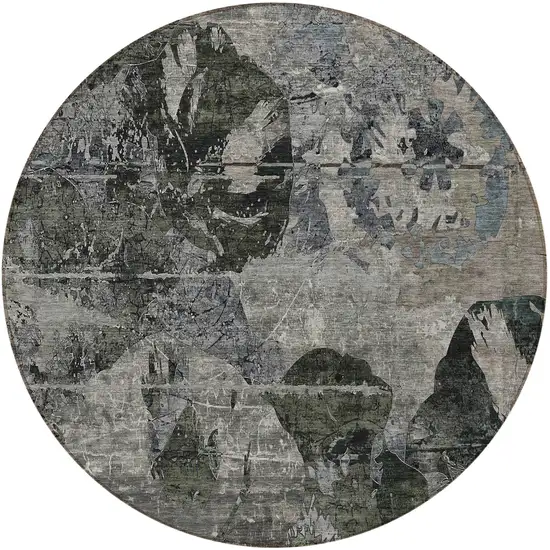 Gray Dark Green and Black Round Floral Washable Non Skid Indoor Outdoor Area Rug Photo 4