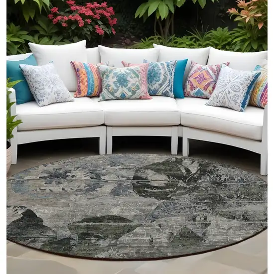 Gray Dark Green and Black Round Floral Washable Non Skid Indoor Outdoor Area Rug Photo 1