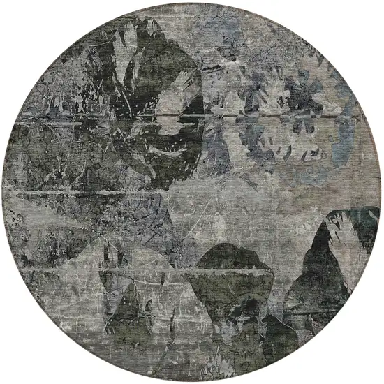 Gray Dark Green and Black Round Floral Washable Non Skid Indoor Outdoor Area Rug Photo 5