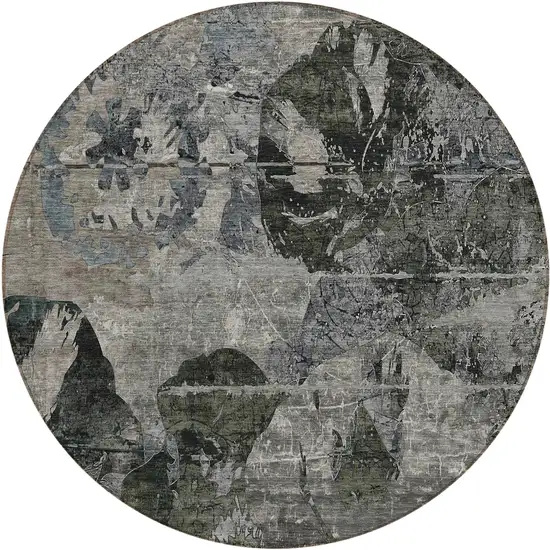 Gray Dark Green and Black Round Floral Washable Non Skid Indoor Outdoor Area Rug Photo 2