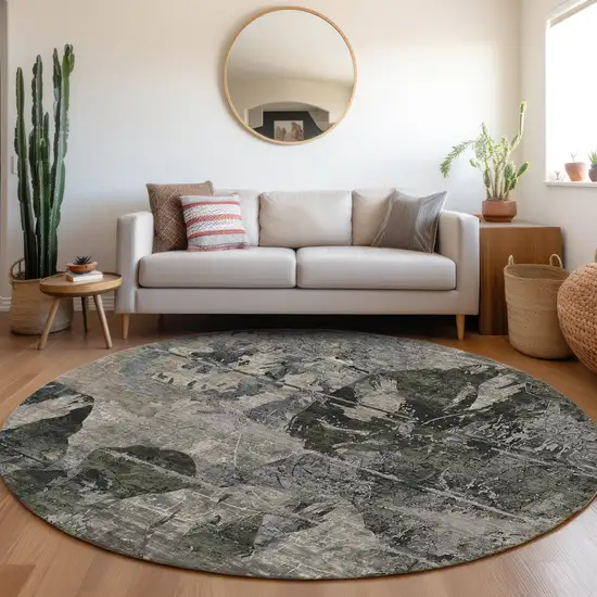 8' Round Gray Dark Green and Black Round Floral Washable Non Skid Indoor Outdoor Area Rug Photo 9