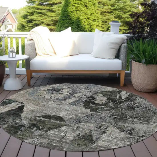 8' Round Gray Dark Green and Black Round Floral Washable Non Skid Indoor Outdoor Area Rug Photo 8