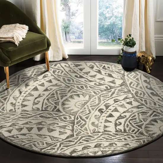 4' Round Gray Decorative Waves Area Rug Photo 9