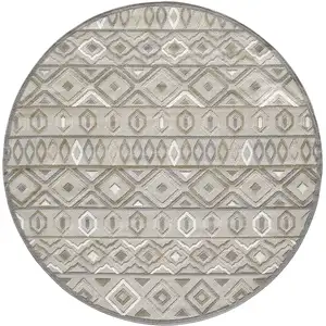 Photo of 8' Round Gray Ivory Aztec Pattern Indoor Outdoor Area Rug