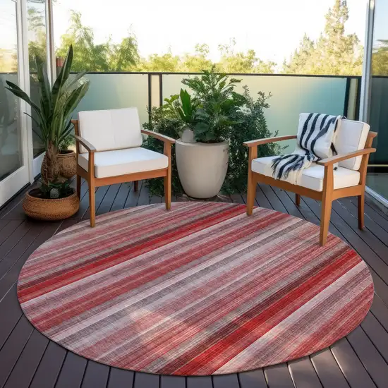 8' Round Gray Pink and Red Round Striped Washable Non Skid Indoor Outdoor Area Rug Photo 8