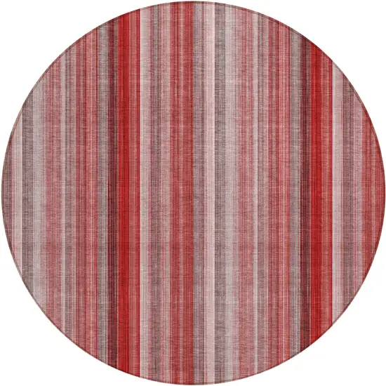 8' Round Gray Pink and Red Round Striped Washable Non Skid Indoor Outdoor Area Rug Photo 2