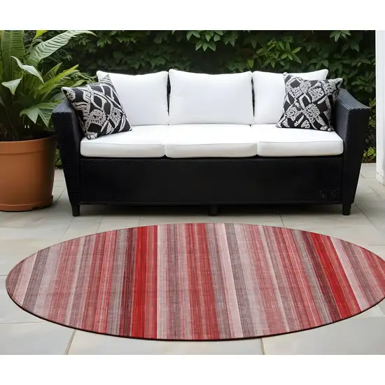 8' Round Gray Pink and Red Round Striped Washable Non Skid Indoor Outdoor Area Rug Photo 1