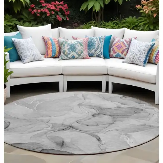 8' Round Gray Round Abstract Washable Non Skid Indoor Outdoor Area Rug Photo 1