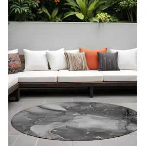 Photo of 8' Round Gray Round Abstract Washable Non Skid Indoor Outdoor Area Rug