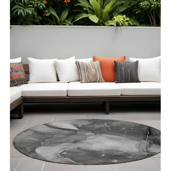 8' Round Gray Round Abstract Washable Non Skid Indoor Outdoor Area Rug Photo 1