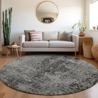 Photo of 8' Round Gray Round Abstract Washable Non Skid Indoor Outdoor Area Rug