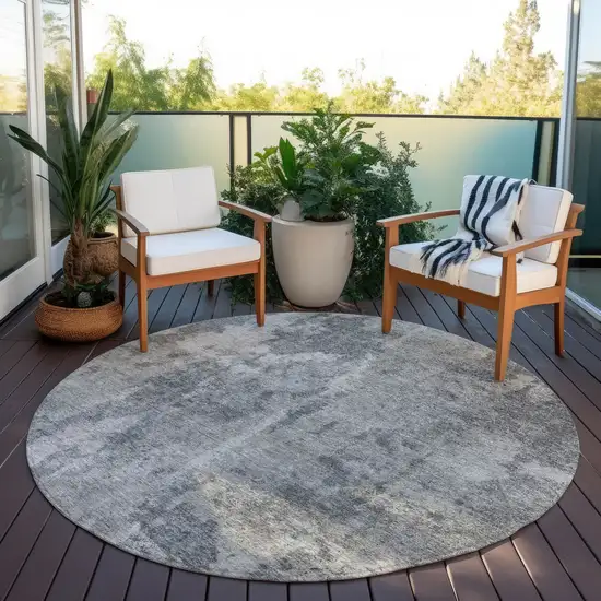 8' Round Gray Round Abstract Washable Non Skid Indoor Outdoor Area Rug Photo 8