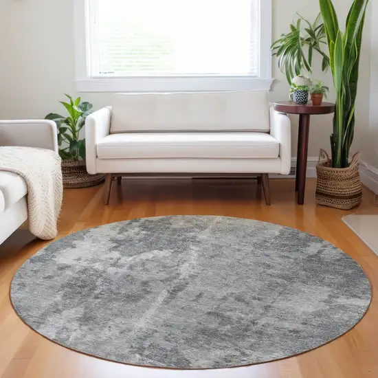 8' Round Gray Round Abstract Washable Non Skid Indoor Outdoor Area Rug Photo 9