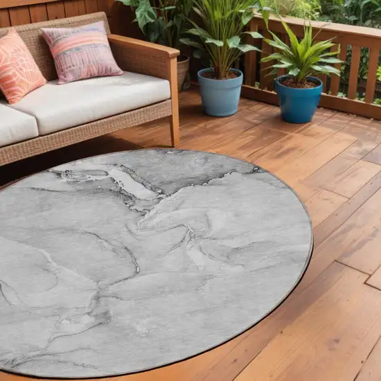 Gray Round Abstract Washable Non Skid Indoor Outdoor Area Rug Photo 1