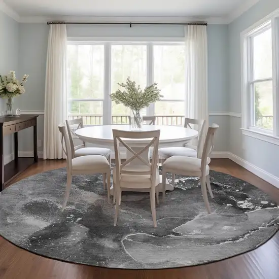 Gray Round Abstract Washable Non Skid Indoor Outdoor Area Rug Photo 9