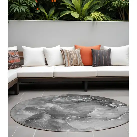 Gray Round Abstract Washable Non Skid Indoor Outdoor Area Rug Photo 1