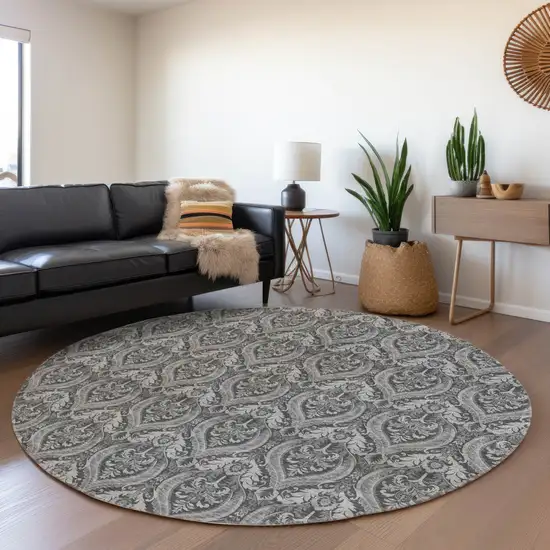 8' Round Gray Round Damask Washable Non Skid Indoor Outdoor Area Rug Photo 9