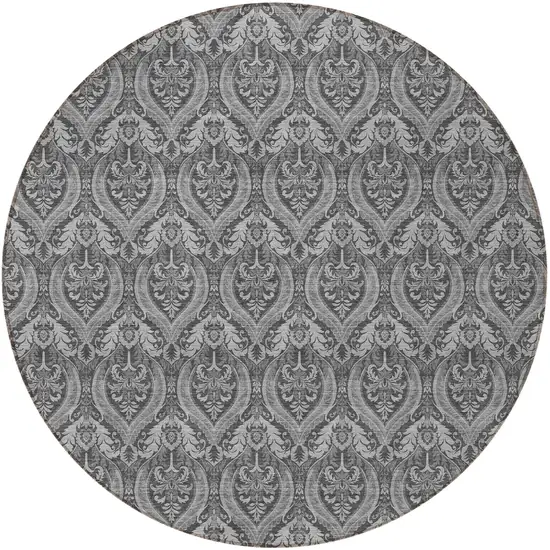 8' Round Gray Round Damask Washable Non Skid Indoor Outdoor Area Rug Photo 4