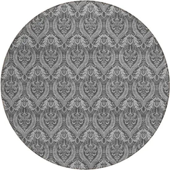 8' Round Gray Round Damask Washable Non Skid Indoor Outdoor Area Rug Photo 2