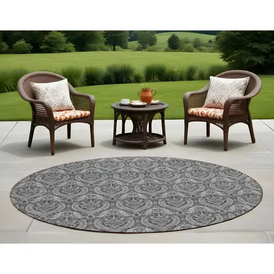 8' Round Gray Round Damask Washable Non Skid Indoor Outdoor Area Rug Photo 1