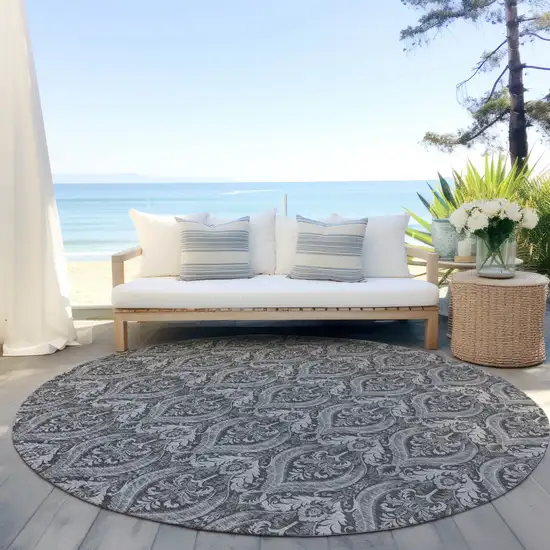 8' Round Gray Round Damask Washable Non Skid Indoor Outdoor Area Rug Photo 8