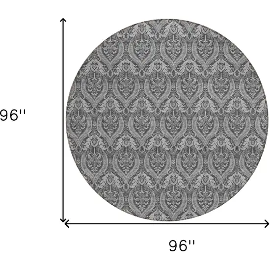 8' Round Gray Round Damask Washable Non Skid Indoor Outdoor Area Rug Photo 3