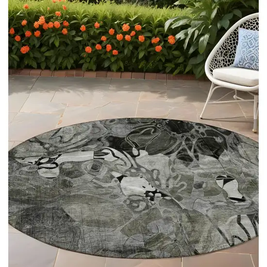 Gray Round Abstract Washable Indoor Outdoor Area Rug Photo 1