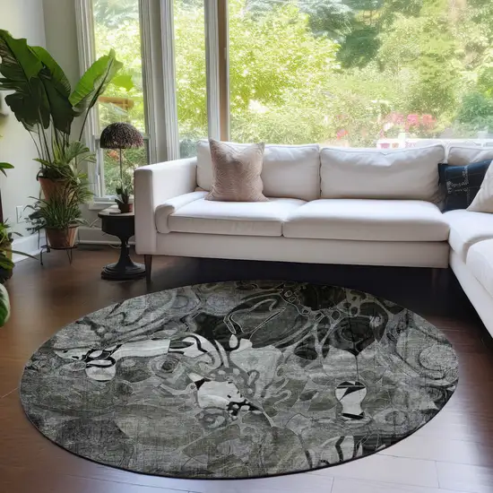 Gray Round Abstract Washable Indoor Outdoor Area Rug Photo 7