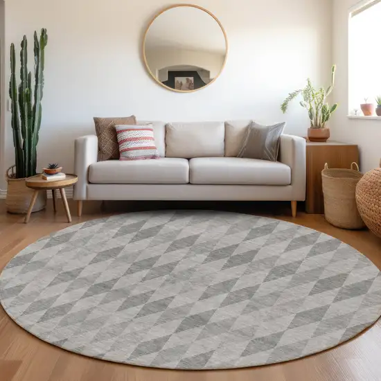 8' Round Gray Round Geometric Washable Non Skid Indoor Outdoor Area Rug Photo 9