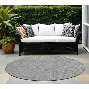 Photo of 8' Round Gray Round Geometric Washable Non Skid Indoor Outdoor Area Rug