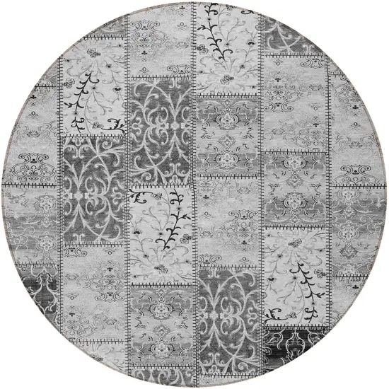 8' Round Gray Round Patchwork Washable Non Skid Indoor Outdoor Area Rug Photo 6