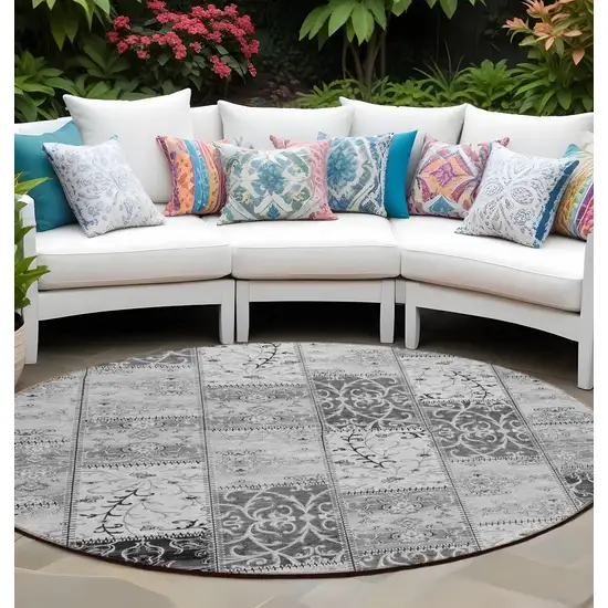 Gray Round Patchwork Washable Non Skid Indoor Outdoor Area Rug Photo 1