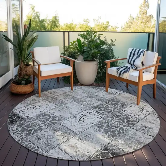 8' Round Gray Round Patchwork Washable Non Skid Indoor Outdoor Area Rug Photo 9